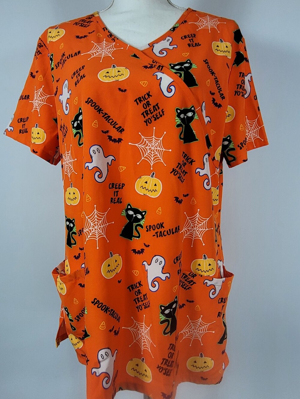 Scrubstar Halloween Ghost, Cat, Pumpkin, Scrub Top Size Large